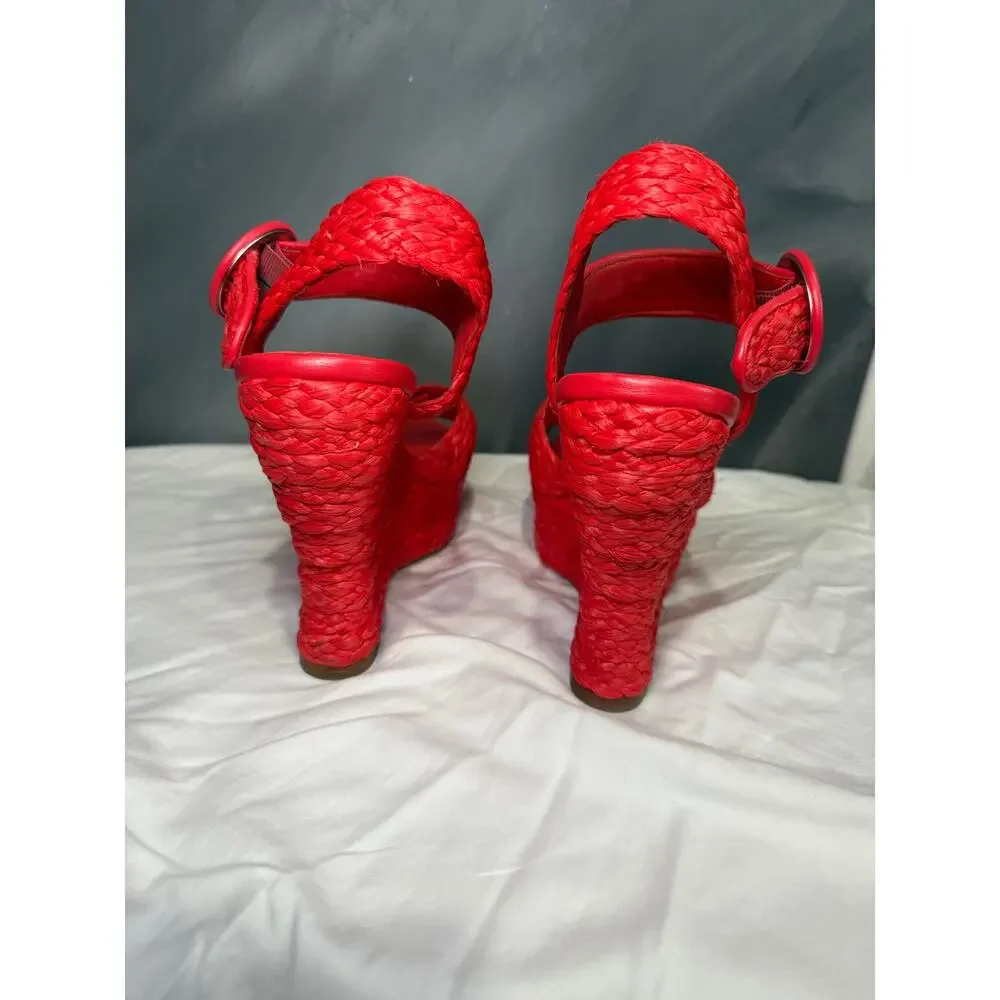 Alice + Olivia Josiey Bright Poppy Raffia Platform Wedge Sandals Summer 9.5